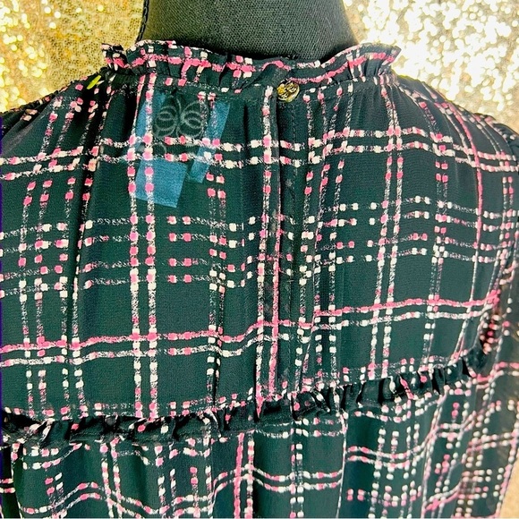 CeCe Black Pink Plaid Sheer Long Sleeve Mod Shift Dress | Academia Preppy M - Picture 7 of 12